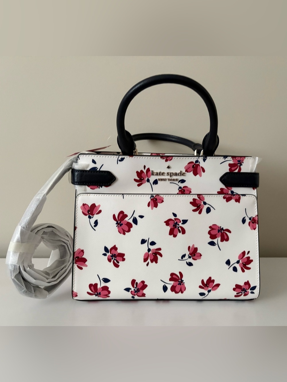 kate spade Staci White Floral Top-Handle Satchel with Pink & Navy Accents